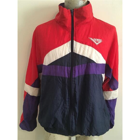 Vintage PONY 80's Blue-Red-Purple & White Nylon Zip Front Track Jacket L RETRO - Picture 1 of 7